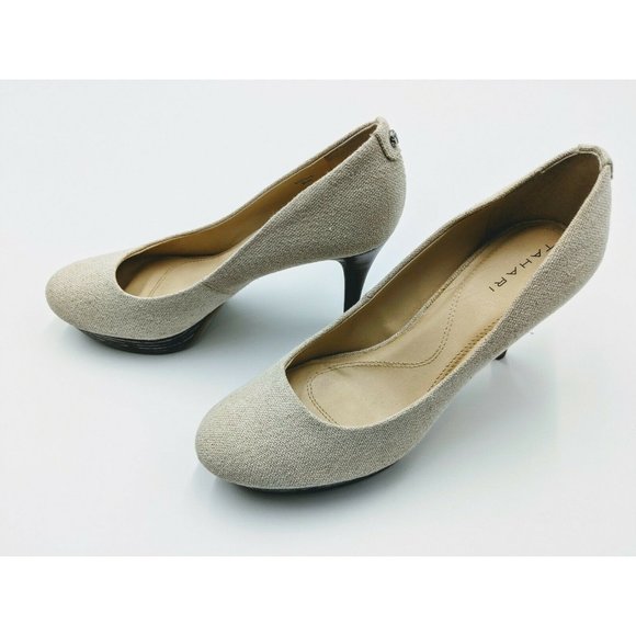 Tahari Women's Platform Pumps Linen Sparkle Wood Heel Parchment Size 8.5 - Picture 1 of 7